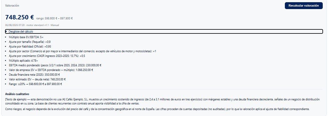 Captura: La valoración, con su desglose